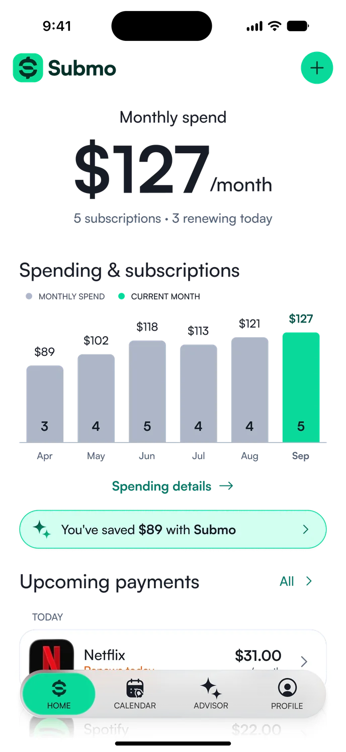 Submo app showing monthly spending and subscriptions